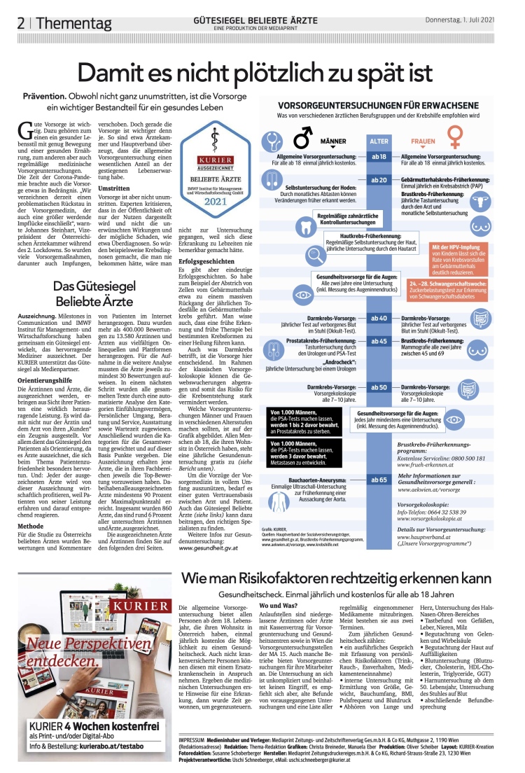 KURIER 01.07.2021 Österreichs beliebteste Ärzte 2